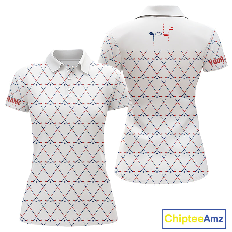 Red, White and Blue golf clubs pattern Women golf polo shirt Custom Patriotic golf outfits for ladies NQS10198