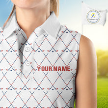 Load image into Gallery viewer, Red, White &amp; Blue golf clubs pattern Women sleeveless polo shirt Custom Patriotic ladies golf outfit NQS10198