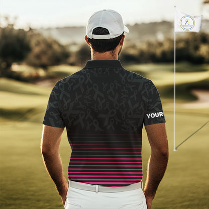 Pink and black Ribbons Pattern Mens Golf Polo Shirts Custom Breast cancer awareness Team Golf attire NQS10559