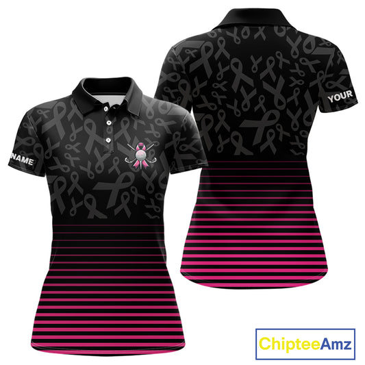 Pink and black Ribbons Pattern Women Golf Polo Shirt Custom Breast cancer awareness Team Golf attire NQS10559