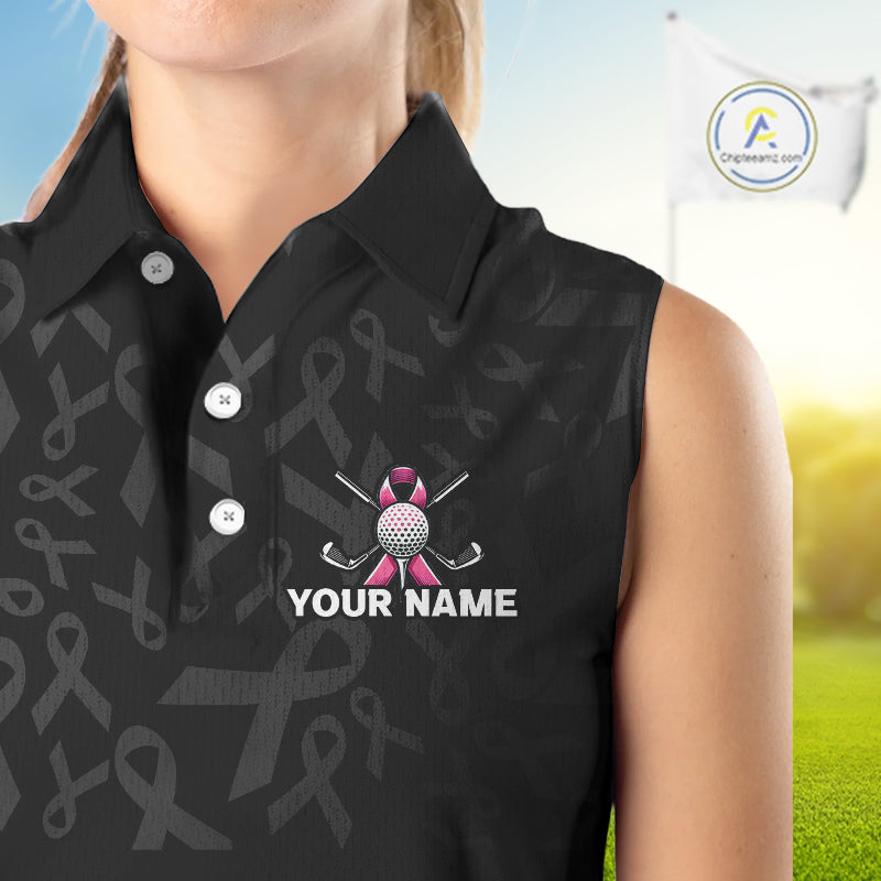 Pink and black Ribbons Pattern Sleeveless polo Shirt Custom Breast cancer awareness Team Golf attire NQS10559