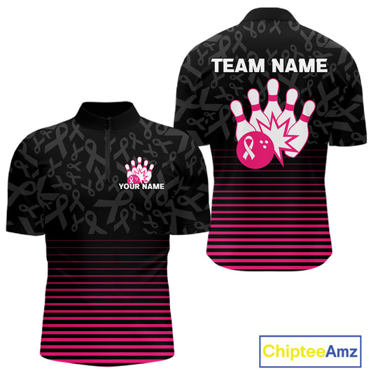 Pink and black Ribbons Pattern Bowling Shirts For Men Custom Breast cancer Team Bowler Jersey NQS10560