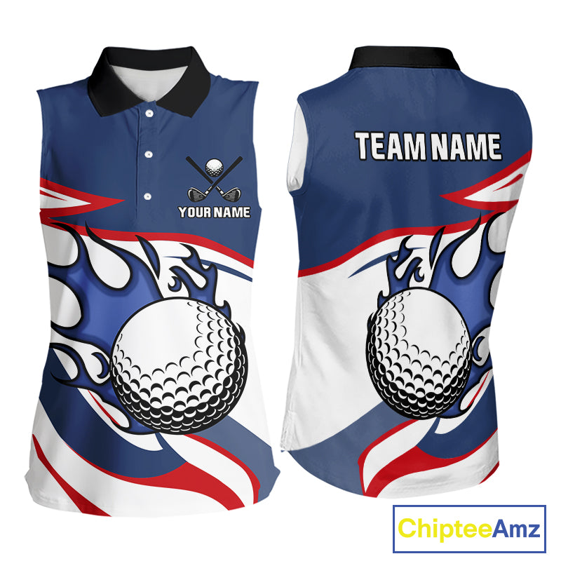 Red, White and Blue Flame golf ball Women Sleeveless Golf polo shirts Custom patriotic Golf Outfit NQS10044