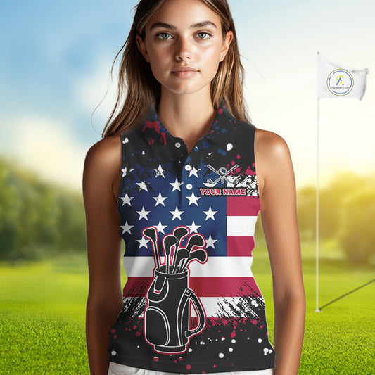 American Flag Black sleeveless golf polo shirts for ladies custom patriotic retro golf team shirts NQS10211