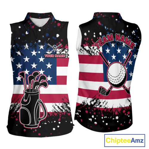 American Flag Black sleeveless golf polo shirts for ladies custom patriotic retro golf team shirts NQS10211