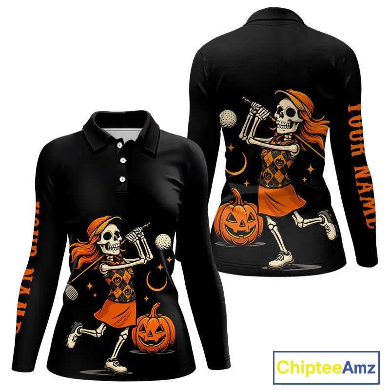 Black and Orange Skull Golf polo shirt for Women Custom Halloween Ladies golf outfit NQS10353