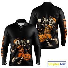 Load image into Gallery viewer, Black and Orange Skull Golf polo shirt for men Custom Halloween Mens golf outfit NQS10353