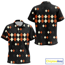 Load image into Gallery viewer, Black and Orange argyle plaid pattern Kid golf polo shirts custom Halloween golf wear for Kid NQS10356