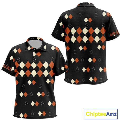 Black and Orange argyle plaid pattern Kid golf polo shirts custom Halloween golf wear for Kid NQS10356