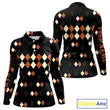 Load image into Gallery viewer, Black and Orange argyle plaid pattern Women golf polo shirts custom Halloween golf wear for ladies NQS10356