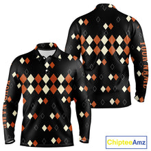 Load image into Gallery viewer, Black and Orange argyle plaid pattern Mens golf polo shirts custom Halloween golf wear for men NQS10356