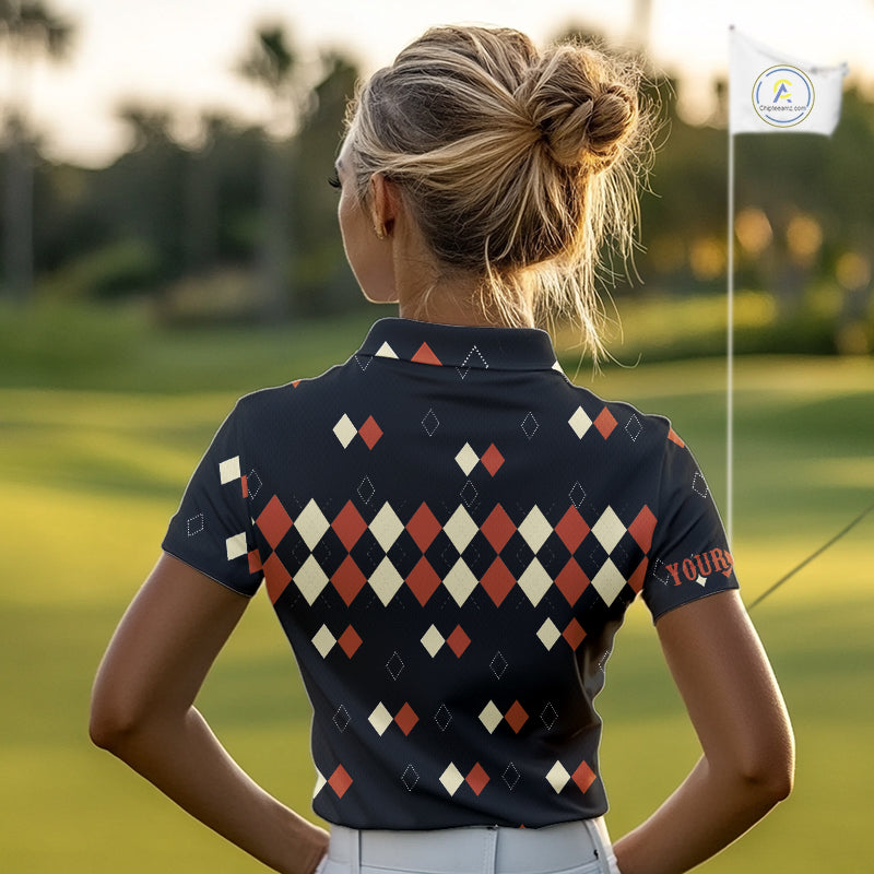 Black and Orange argyle plaid pattern Women golf polo shirts custom Halloween golf wear for ladies NQS10356