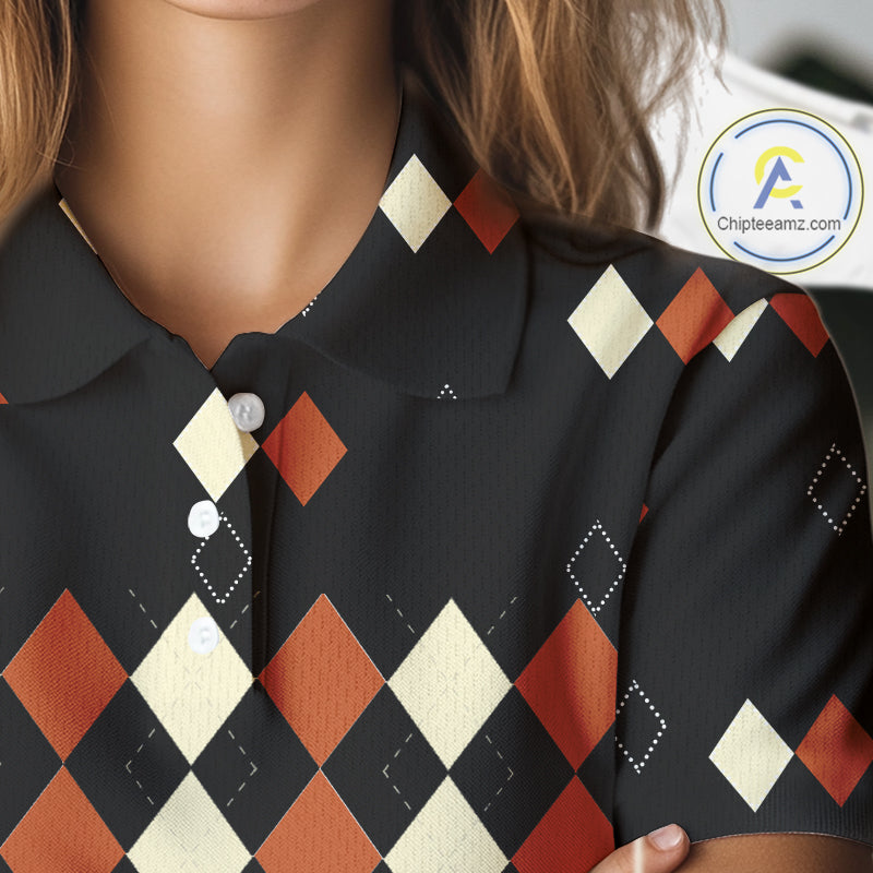 Black and Orange argyle plaid pattern Women golf polo shirts custom Halloween golf wear for ladies NQS10356