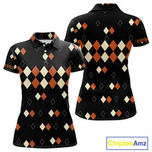 Load image into Gallery viewer, Black and Orange argyle plaid pattern Women golf polo shirts custom Halloween golf wear for ladies NQS10356