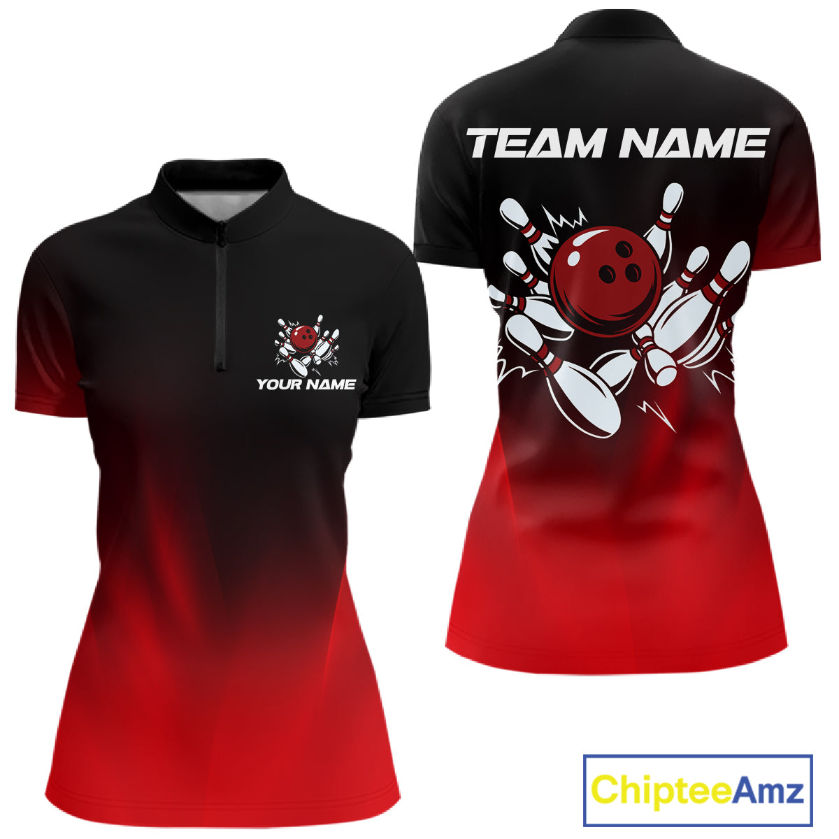 Custom Black and Red Bowling Polo, Quarter Zip Team Shirts For Women, Bowling Outfit Gift For Bowlers NQS10565