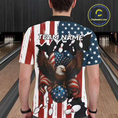 American Flag Eagle Bowling Polo, Quarter Zip Shirts For Men Custom Patriotic Team Bowling Jersey NQS10572