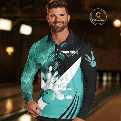 Mens bowling polo, 1/4 zip shirts Custom cyan blue smoke bowling team jerseys, gift for Bowlers NQS10060