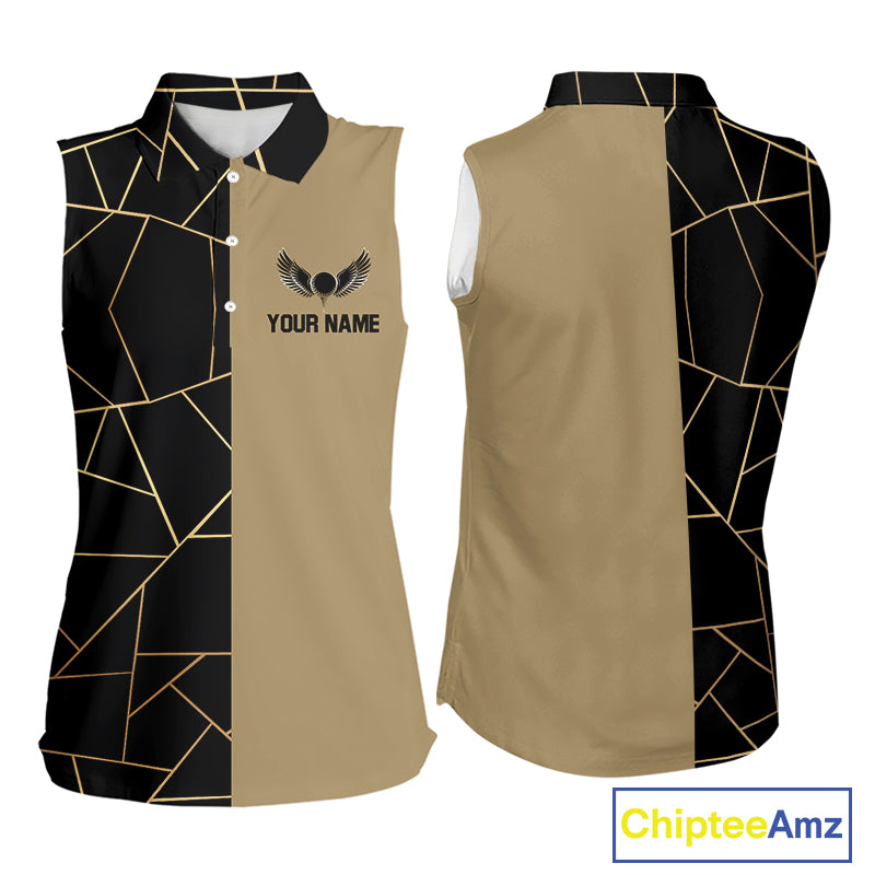 Black and Gold pattern Sleeveless Golf polo shirt custom golf attire for ladies, golfing gifts NQS10359