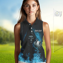 Load image into Gallery viewer, Blue Flame Skull reaper Sleeveless Golf polo shirts custom golf top for ladies, best golf gifts NQS10360