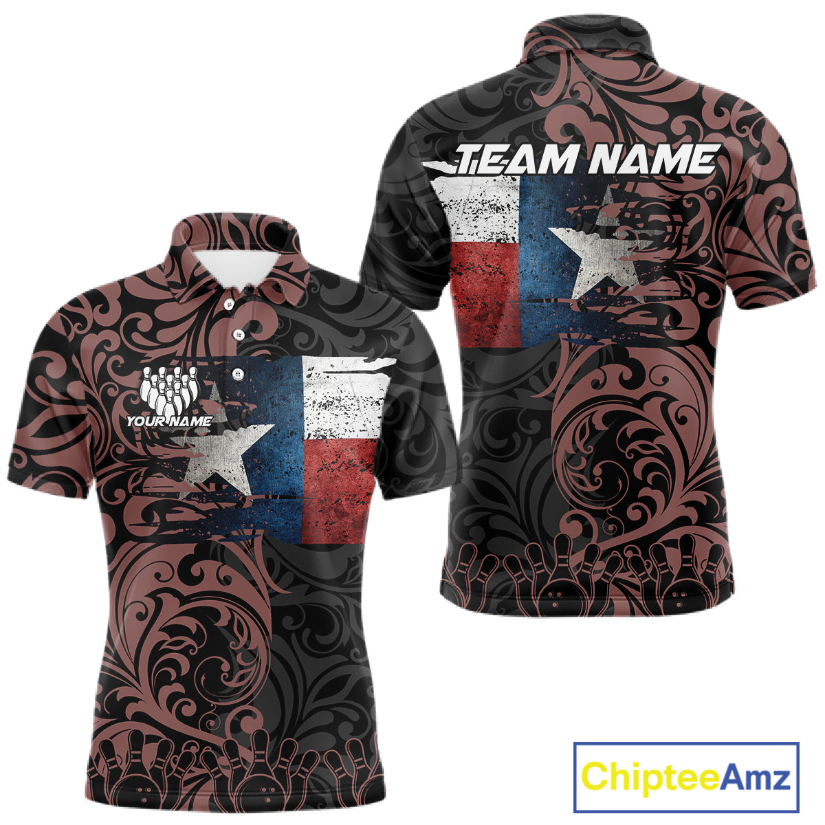 Texas Flag tribal pattern Bowling Polo, 1/4 Zip shirts for men Custom patriotic Team bowling jersey NQS10583