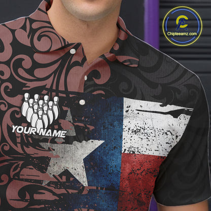 Texas Flag tribal pattern Bowling Polo, 1/4 Zip shirts for men Custom patriotic Team bowling jersey NQS10583