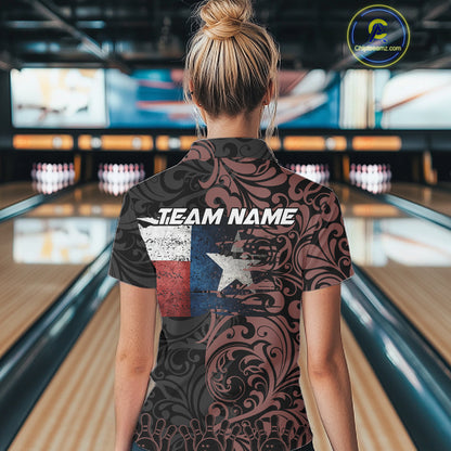 Texas Flag tribal pattern Bowling Polo, 1/4 Zip shirts for Women Custom patriotic Team bowling jersey NQS10583