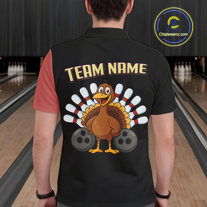 Retro Black and Red Turkey Bowling Polo, Quarter Zip Shirt For Men, Thanksgiving Bowling Team Jersey NQS10370