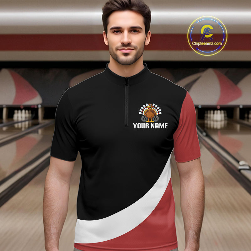 Retro Black and Red Turkey Bowling Polo, Quarter Zip Shirt For Men, Thanksgiving Bowling Team Jersey NQS10370