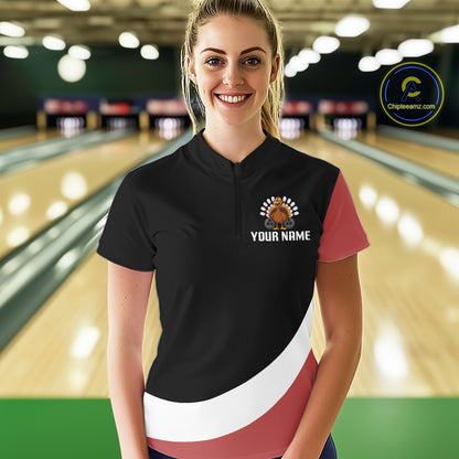 Retro Black & Red Turkey Bowling Polo, Quarter Zip Shirt For Women, Thanksgiving Bowling Team Jersey NQS10370