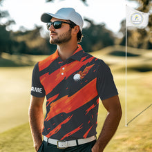 Load image into Gallery viewer, Black and Orange Flame Golf polo shirts for mens Custom mens golf outfit, personalized golf gifts NQS10069