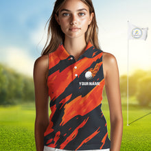 Load image into Gallery viewer, Black and Orange Flame Women Sleeveless Golf polo shirts Custom ladies golf outfit, golf gifts NQS10069