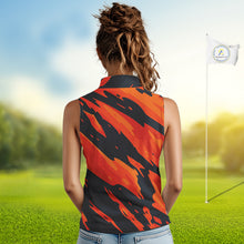 Load image into Gallery viewer, Black and Orange Flame Women Sleeveless Golf polo shirts Custom ladies golf outfit, golf gifts NQS10069
