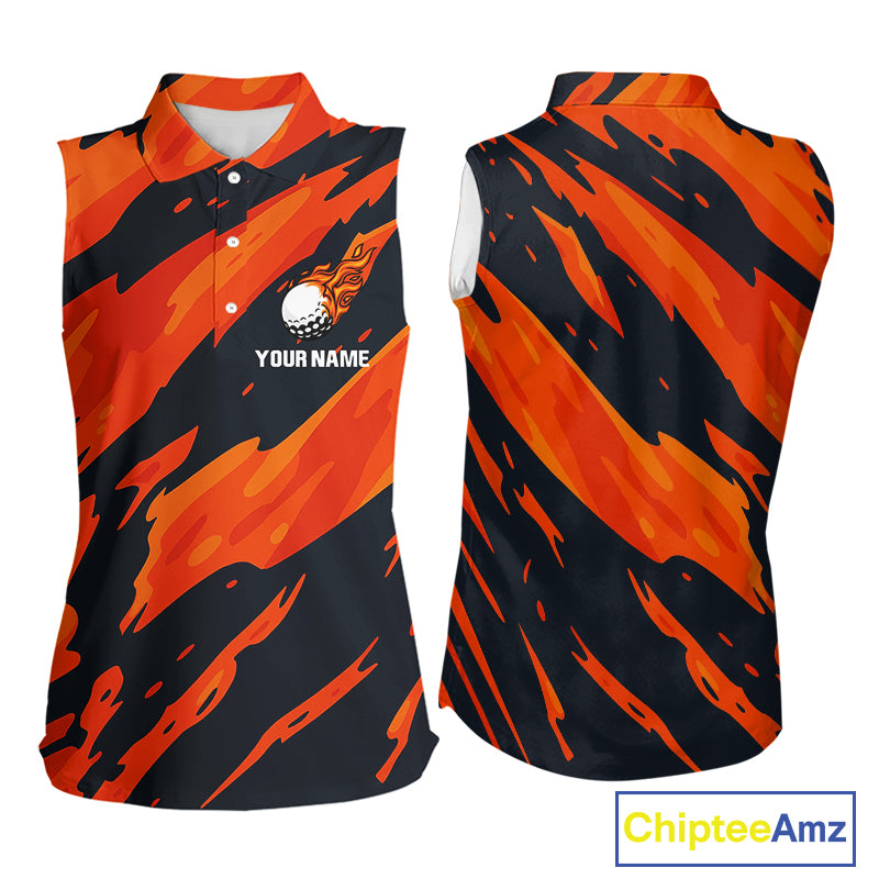Black and Orange Flame Women Sleeveless Golf polo shirts Custom ladies golf outfit, golf gifts NQS10069