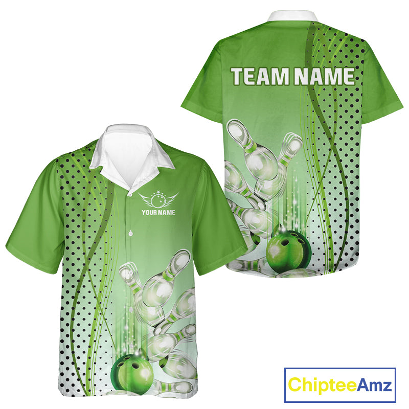 Bowling Hawaiian Shirt Custom bowling team button up shirt, gift for Bowlers | Green NQS10072