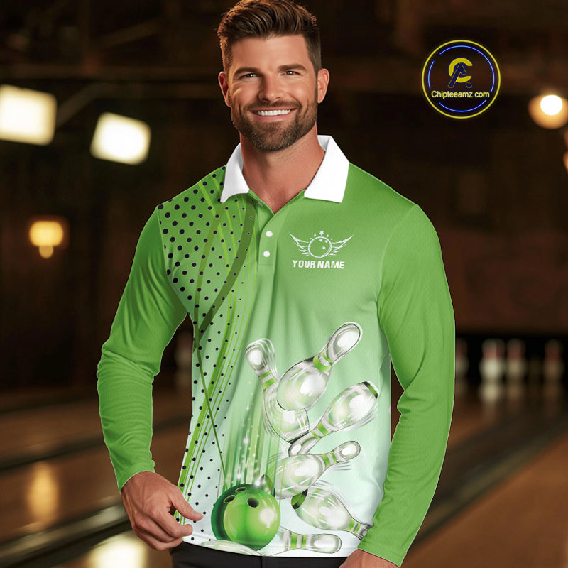 Mens bowling polo, quarter zip shirts Custom bowling team jerseys, gift for Bowlers | Green NQS10072