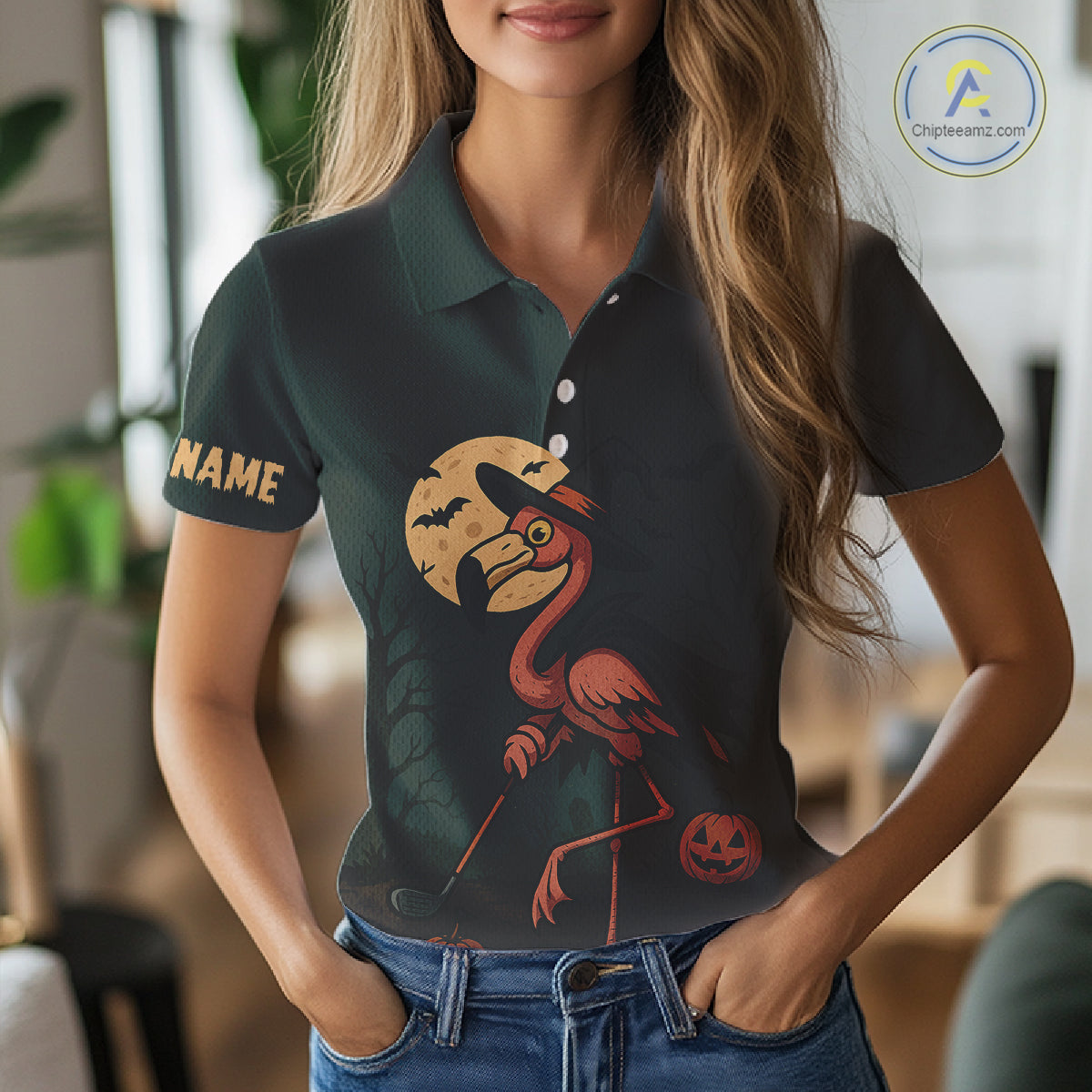 Halloween flamingo Women golf polo shirt custom Halloween golf tops for ladies, unique golf gifts NQS10378