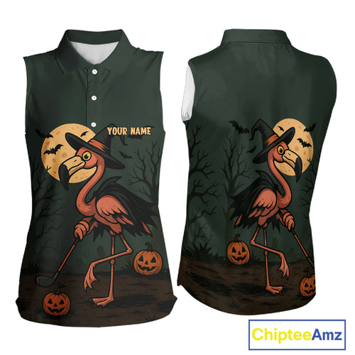 Halloween flamingo Women Sleeveless Polo Shirt custom Halloween golf top for ladies, unique golf gift NQS10378