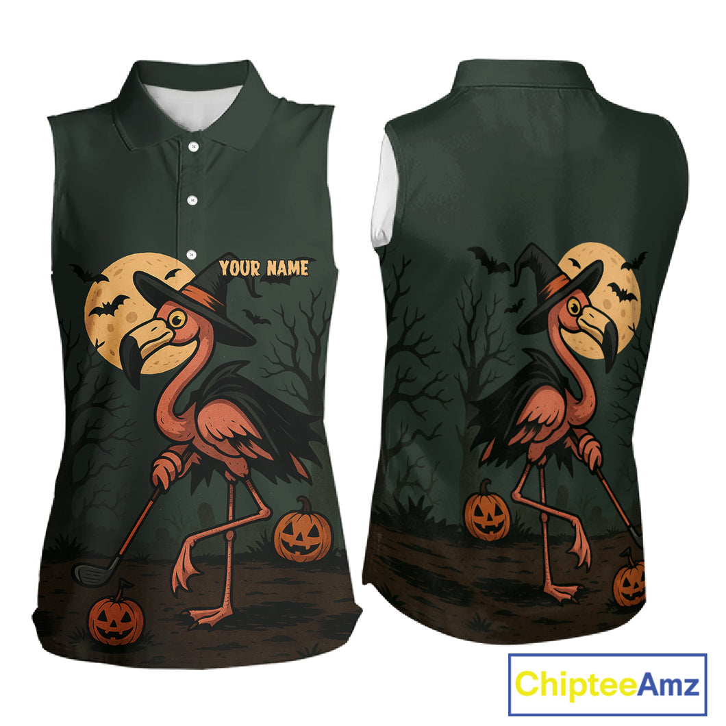 Halloween flamingo Women Sleeveless Polo Shirt custom Halloween golf top for ladies, unique golf gift NQS10378