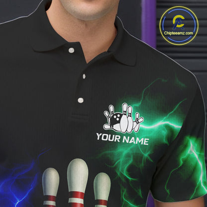 Blue and Green Lightning thunder Black Bowling Shirts For Men custom Bowling Team Jerseys NQS10379