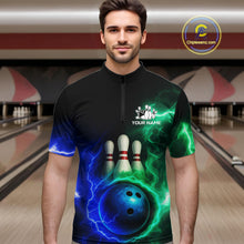 Load image into Gallery viewer, Blue and Green Lightning thunder Black Bowling Shirts For Men custom Bowling Team Jerseys NQS10379