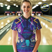 Load image into Gallery viewer, Purple neon stage funny Bowling polo, quarter zip shirts for Women Custom funny bowling team shirts NQS10299