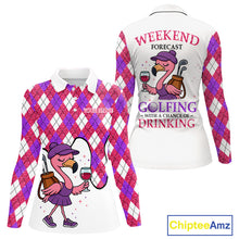 Load image into Gallery viewer, Pink purple glitter argyle pattern Flamingo Women golf polo shirt Custom weekend forecast golf &amp; wine NQS10325