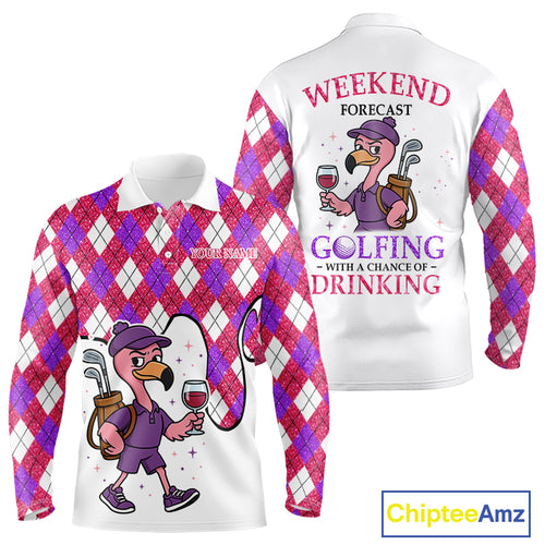 Pink & purple glitter argyle pattern Flamingo Men golf polo shirt Custom weekend forecast golf & wine NQS10325