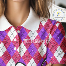 Load image into Gallery viewer, Pink purple glitter argyle pattern Flamingo Women golf polo shirt Custom weekend forecast golf &amp; wine NQS10325