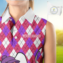 Load image into Gallery viewer, Pink purple glitter argyle pattern Flamingo sleeveless golf polos Custom weekend forecast golf &amp; wine NQS10325