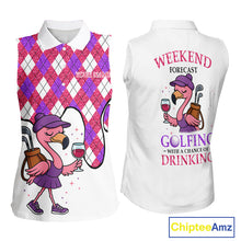 Load image into Gallery viewer, Pink purple glitter argyle pattern Flamingo sleeveless golf polos Custom weekend forecast golf &amp; wine NQS10325