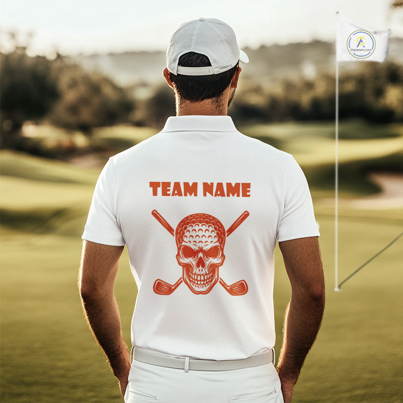 Orange argyle plaid pattern Skull White Golf polo shirts for men custom Halloween mens golf attire NQS10357