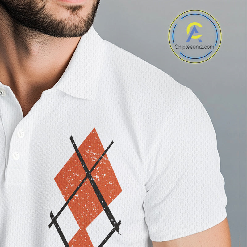 Orange argyle plaid pattern Skull White Golf polo shirts for men custom Halloween mens golf attire NQS10357