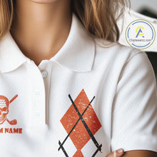 Load image into Gallery viewer, Orange argyle plaid pattern Skull White Golf polo shirt for Women custom Halloween ladies golf attire NQS10357