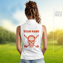 Load image into Gallery viewer, Orange argyle plaid pattern Skull White Sleeveless polo shirt custom Halloween ladies golf attire NQS10357